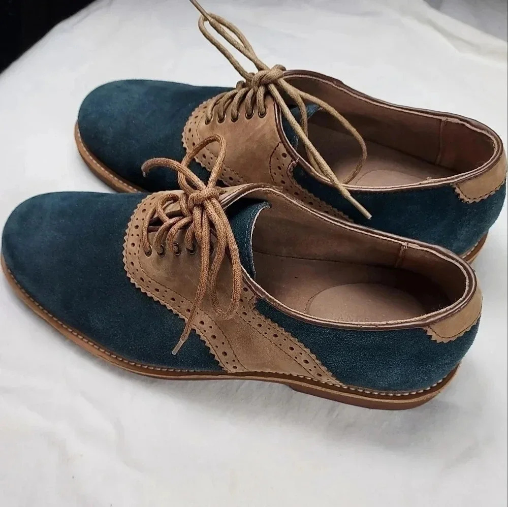 Land's End Mens Tan Leather and Blue Suede Lace Shoes Size 9 - Picture 6 of 14